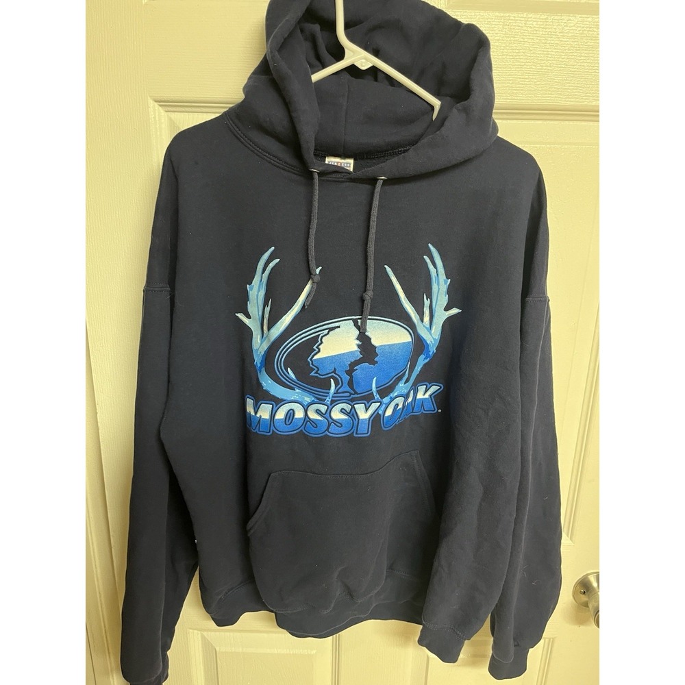 Mossy Oak Antler Logo Hoodie Mens XL Navy Blue Hunting Pullover Jerzees